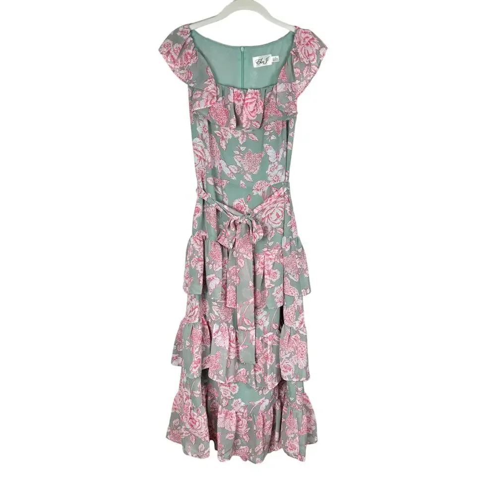 Eliza J Tie Waist Tiered Midi Dress Mint Green Pink Floral Size 4 Wedding Party - Picture 5 of 13